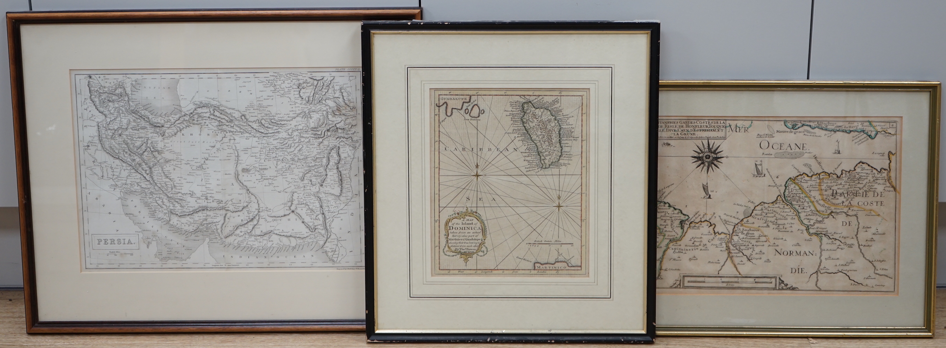 Three 18th / 19th century maps including a map of the Island of Dominica by Thomas Bowen and a map of Persia, largest 26 x 38cm